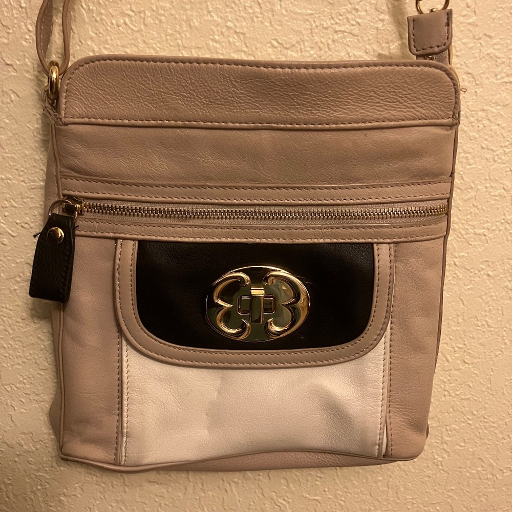 Emma Fox Tan Leather Crossbody Bag With Cream & Black Accent Colors 10" X 10"
